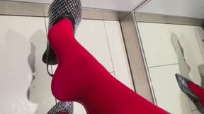 Red tights black sparkly shoe changing room dangle - HD - 1:16 video - from Clips4sale