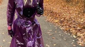 Rainy Park stroll Rubbermissy walks in public in purple rubber catsuit with shiny transparent PVC raincoat, latex mask, wellies - SD - 2:00 video - from Clips4sale