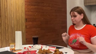 Cute girl overeating KFC. Big Belly Bloat. Painful Stomach - HD - 0:19 video - from Pornzona