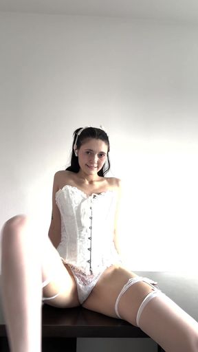 Hot Girl in White Lingerie Corset &amp; Stockings Seductive Strip on Desk - HD - 6:13 video - from xHamster