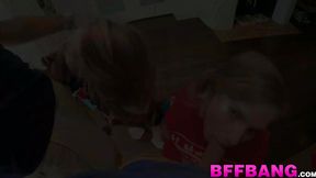 Two teen BFFs suck a big, gift-wrapped cock before from behind fuck - SD - 7:55 video - from Cum-Porn