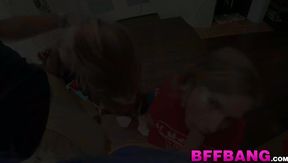 Teen blonde BFFs give a blowjob to a big-dicked friend before doggystyle fuck - SD - 7:55 video - from SexPester