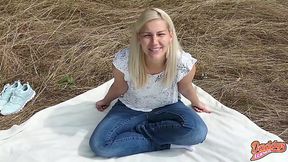 First outdoor sex with a creampie and a cumshot for a blonde - HD - 8:06 video - from XGroovy