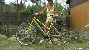 Young blonde is riding her bicycle and masturbating pussy outdoor - HD - 8:00 video - featuring Pinky June - from AnySex