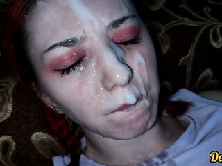 compilation of cum shots on the face of a cute gal with red hair and glasses - HD - 8:07 video - from FreePorn8