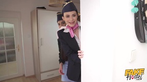 ”Slutty air hostesses fucking the first available shaft after landing - Moona Snake, Rebecca Volpetti & Jenny Doll” - HD - 7:00 video - from HQBang