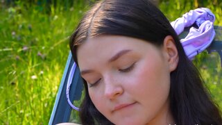 Blushy, small-tittied babe masturbates in the open air - HD - 4:56 video - from HDtube