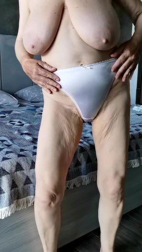 Hot GILF Teases You with Her Huge Tits and Takes off Her Silky White Lingerie to Reveal Her Mature Pussy - HD - 6:07 video - from FapHouse