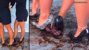 Goddess Amber & Miss Lucy - Busting Your Face & Balls Until You Cum Under Our Muddy Stilettos - 205 Split Cam - HD - 18:49 video - featuring Spikey Dee - from LoyalFans