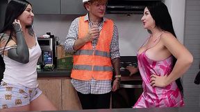 Two slutty latina girls ask horny repairman if they can pay him with a wild threesome sex - HD - 18:06 video - from AnySex