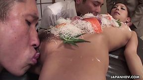 Japanese secretary covered with food and her colleagues lick her - HD - 7:00 video - from XGroovy