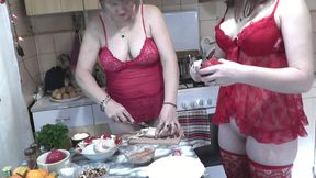 Two women. Adult mature MILF and teen virgin girl in red erotic lingerie without panties kiss on lips in kitchen. Old and young - HD - 27:11 video - from xHamster