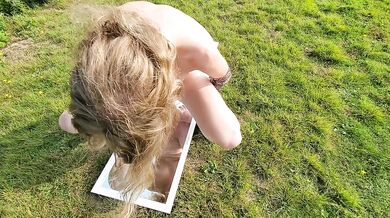 Horny Little Blonde Girl Fucks a Dildo on a Mirror Outside - HD - 3:29 video - from NewBestPorn