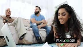 Naughty latina stepniece Claire Black rips her stepuncle cock out of his pants and sucks it as her stepdad rests on the couch - HD - 8:05 video - from XVideos