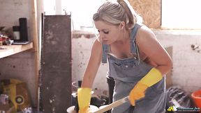 Ardent blond head does the cleaning and exposes her breasts just a bit - HD - 4:00 video - from XCafe