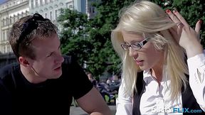 Nerdy blonde in glasses gets messy facial after sex with stranger guy - HD - 6:55 video - from AnySex