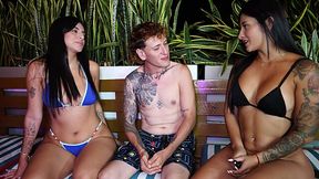 Two juicy latina chicks are playing with a guy's big cock on the bench - HD - 19:48 video - from AnySex