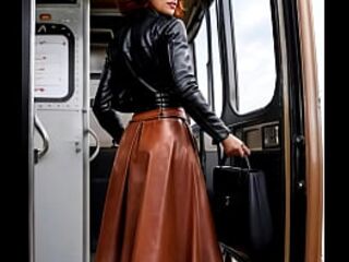 Breasty older redhead in full leather doing pole dance in a bus - AI Illustrated leather porn fantasy - HD - 17:13 video - from Lesbian8