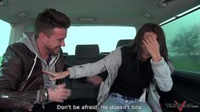 Two hot Euro babes give deepthroat blowjobs in fake taxi