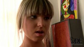 Sophisticated mistress drills untouched pussy of skinny teen with strap on - 7:55 video - from AnySex