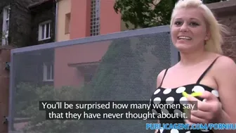 Busty Blonde Stranger Takes Thick Load on Her Shaved Pussy in Public - HD - 8:00 video - from Fucker