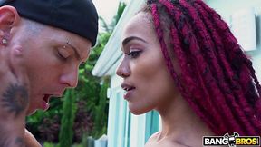 Charming Ebony with long legs swallows white cock and fucks hard - HD - 4:58 video - featuring Julie Kay - from XGroovy